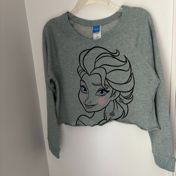 Disney FROZEN ELSA Metallic Blue Glitter Crop Crewneck Sweatshirt Junior XL - Picture 1 of 6